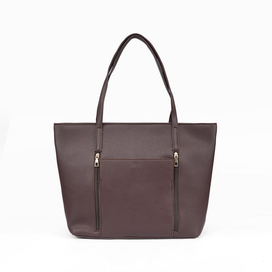 Front view of the Zara coffee brown tote bag, a sophisticated work-ready handbag for women in Pakistan