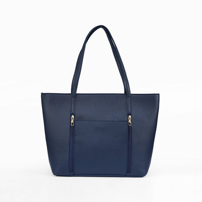 Front view of the Zara navy blue tote bag, a stylish vegan leather handbag for women in Pakistan.
