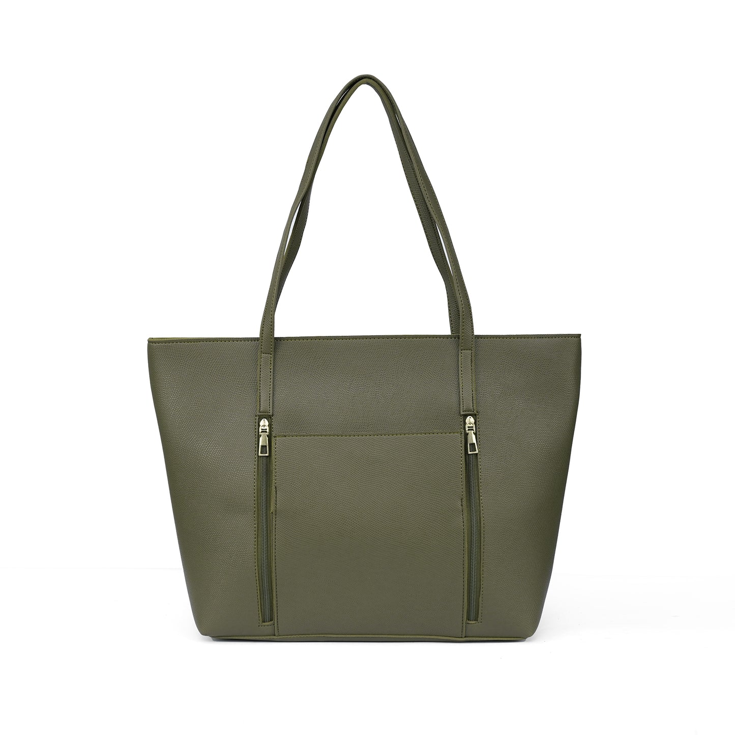 Front view of the Zara olive green tote bag, a unique vegan leather handbag for women in Pakistan