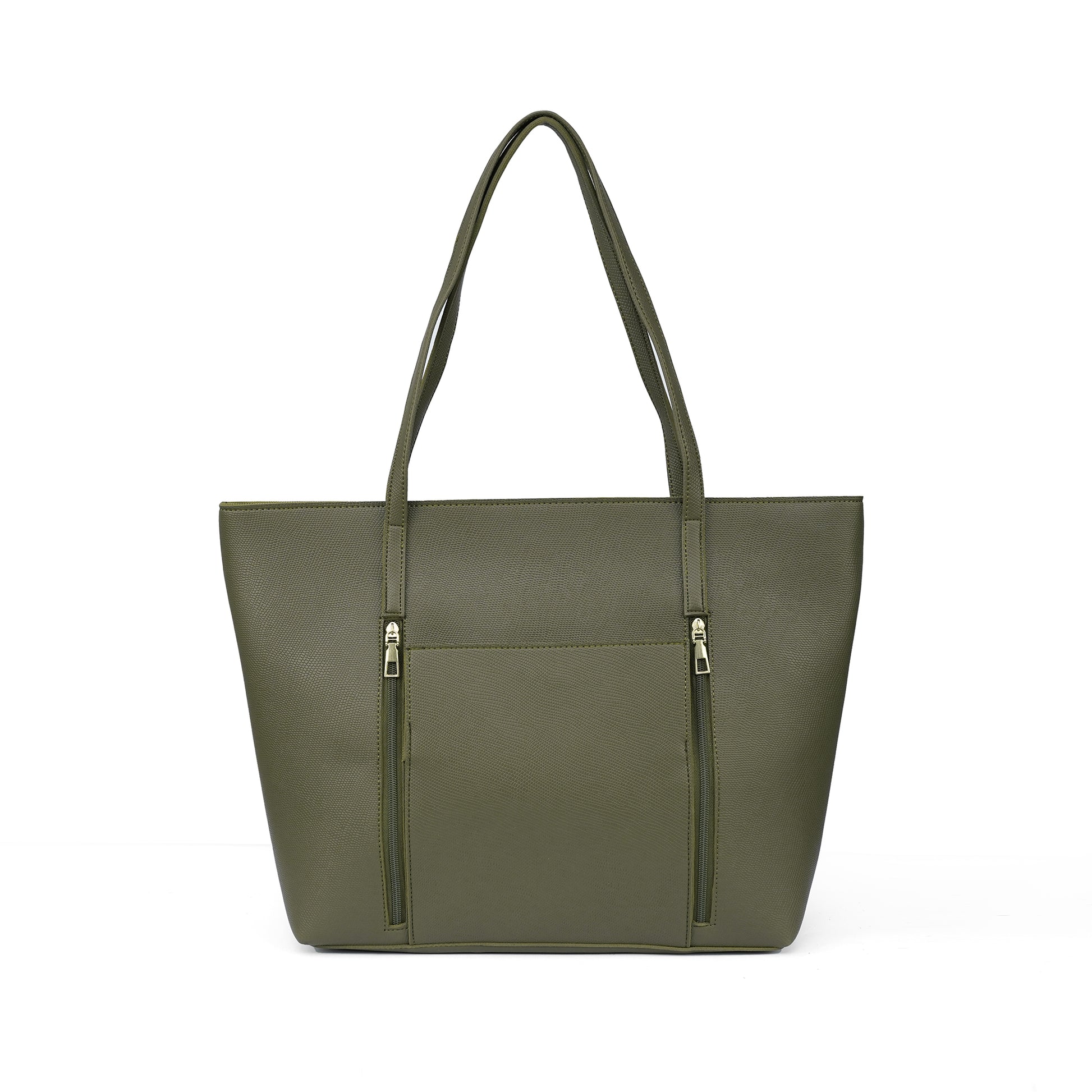 Front view of the Zara olive green tote bag, a unique vegan leather handbag for women in Pakistan