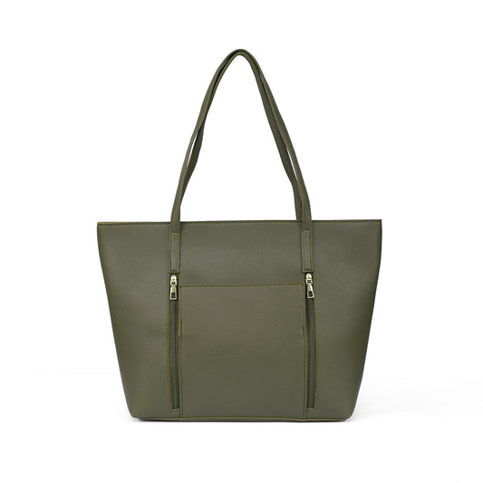 Front view of the Zara olive green tote bag, a unique vegan leather handbag for women in Pakistan