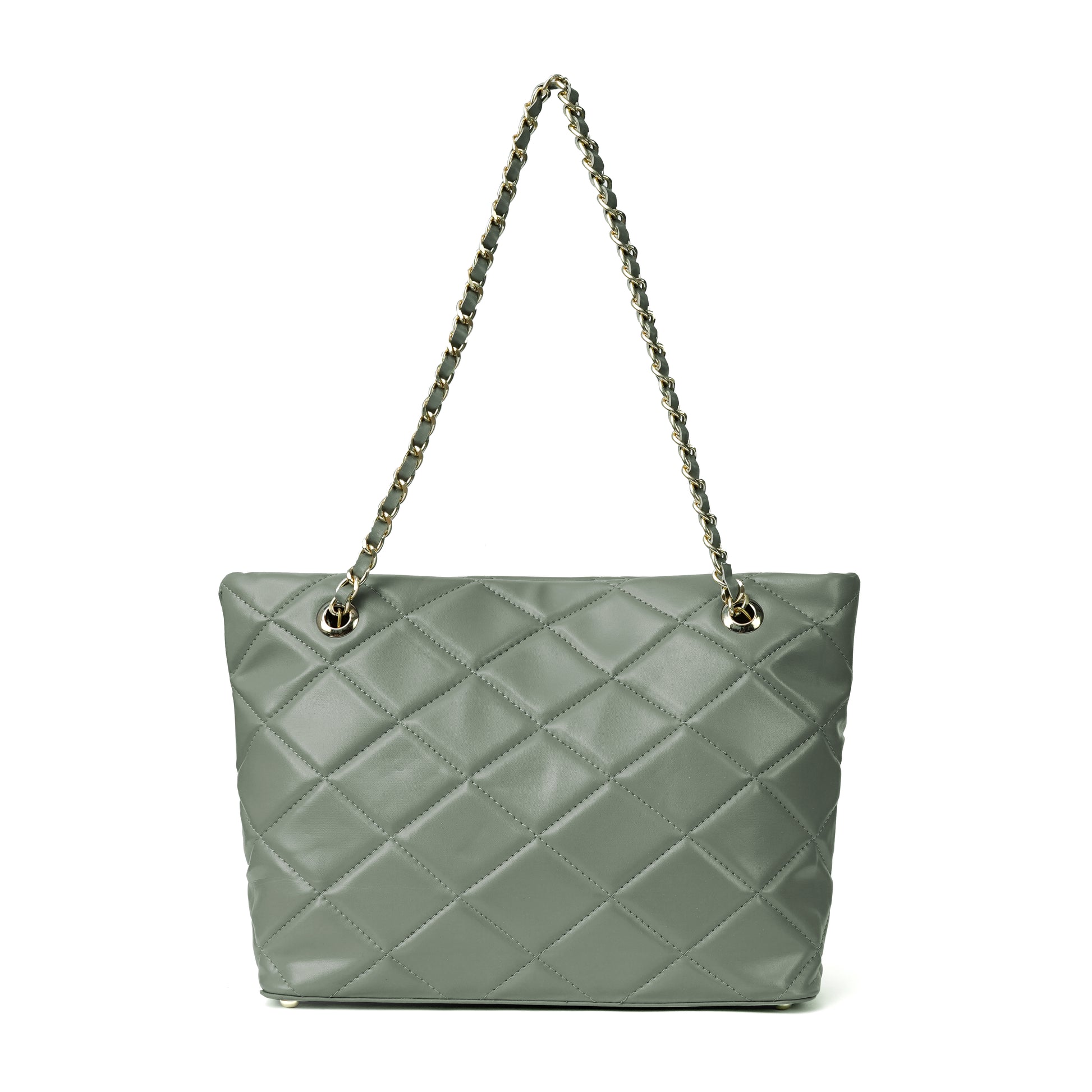 Grey ladies chain shoulder bag with stitched grid – BACK
