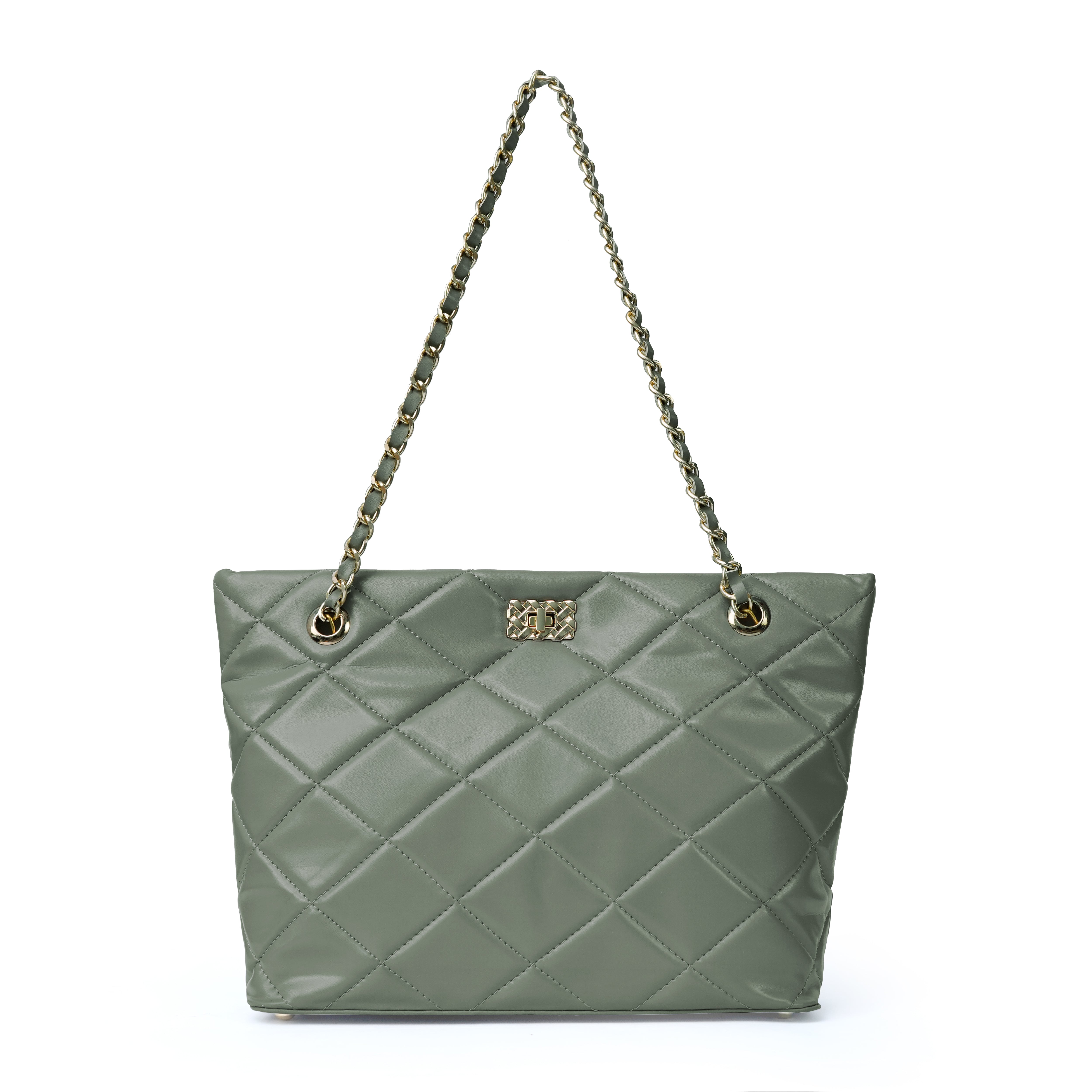 Grey ladies chain shoulder bag with stitched grid – front