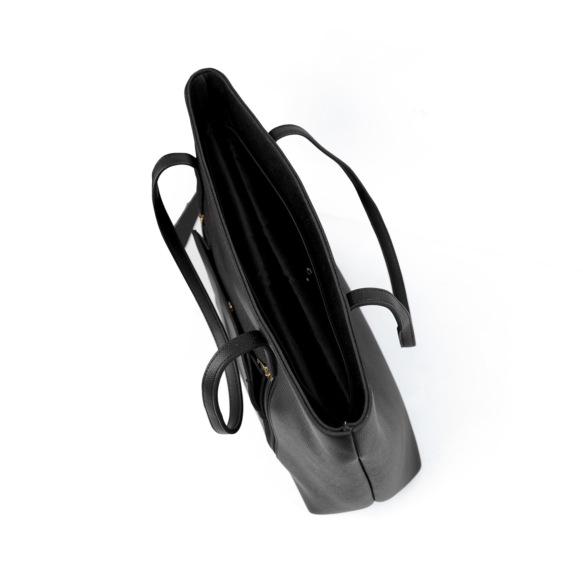 Interior view of the Zara black tote bag, with ample space and a secure zip pocket.