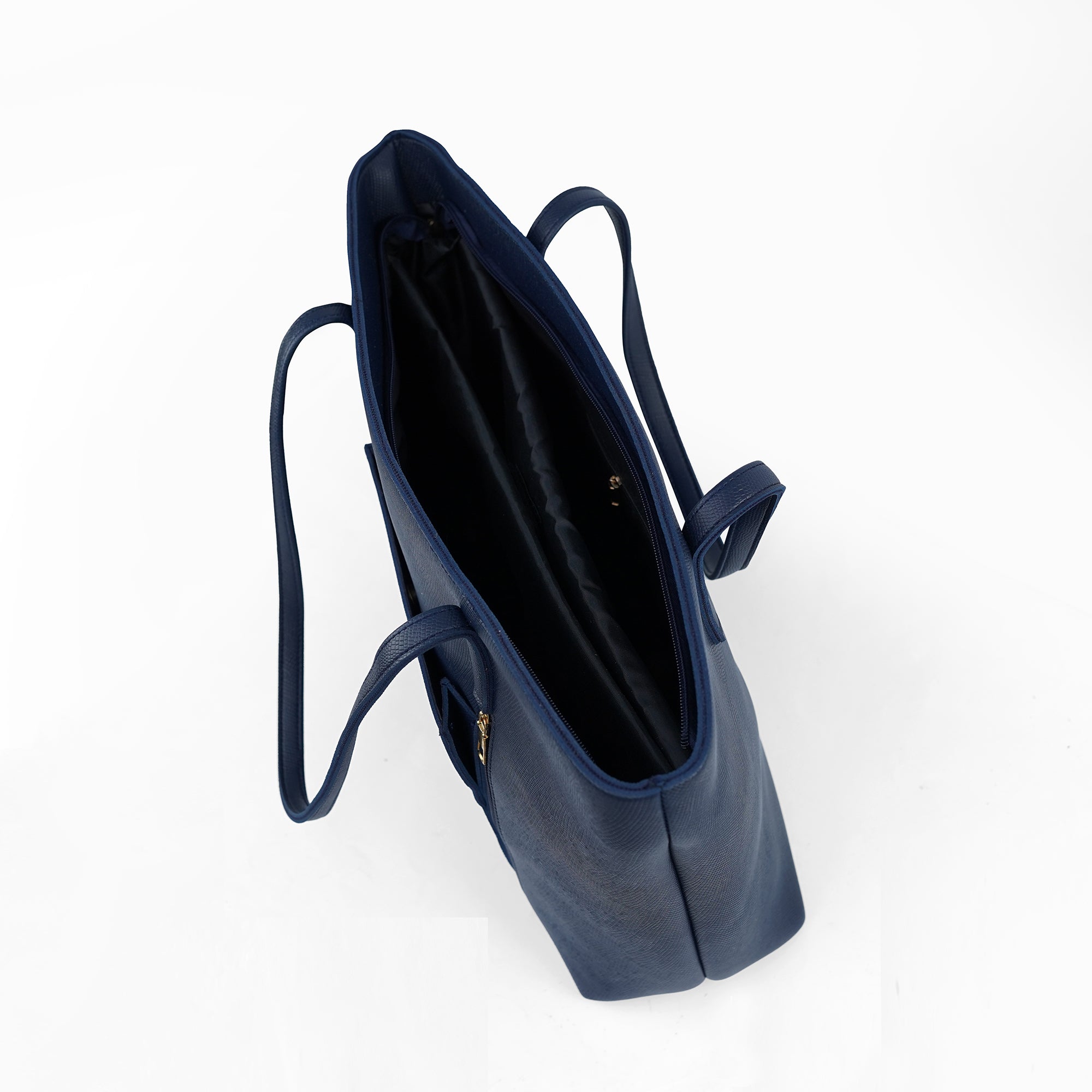 Interior view of the Zara navy blue tote bag, showcasing its spacious main compartment and zip pocket