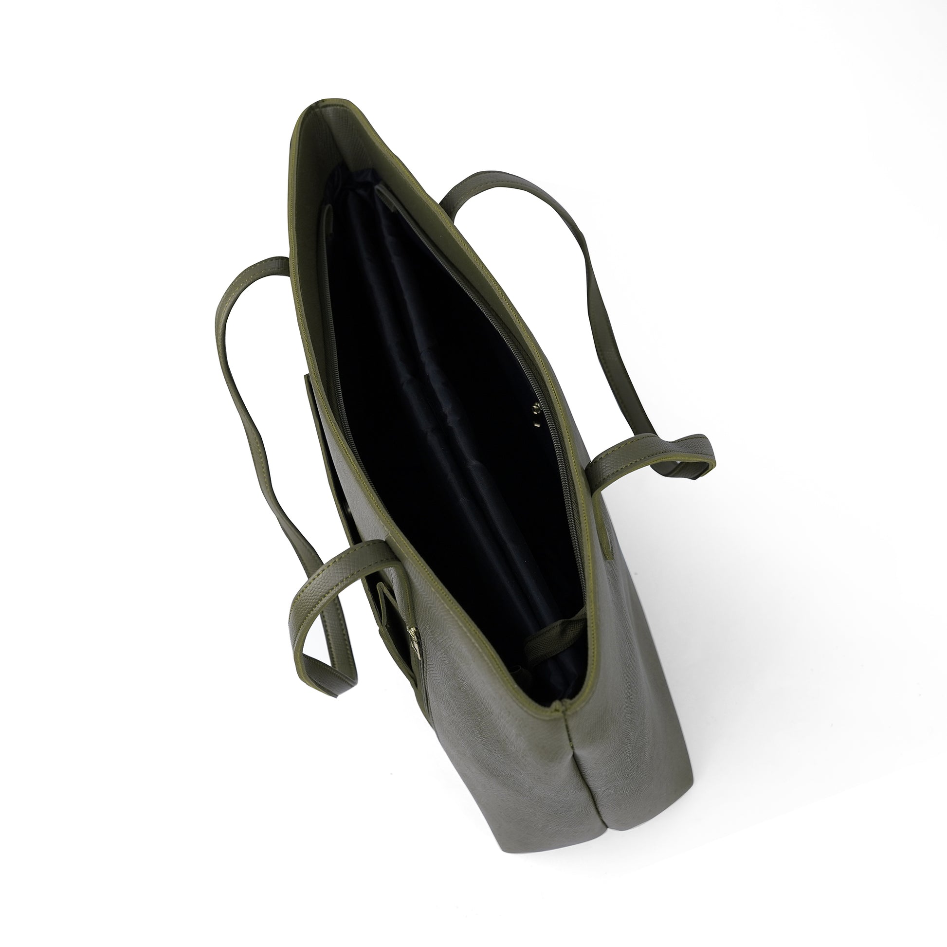Interior view of the Zara olive green tote bag, with a spacious interior and organized pockets