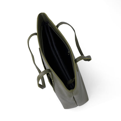 Interior view of the Zara olive green tote bag, with a spacious interior and organized pockets