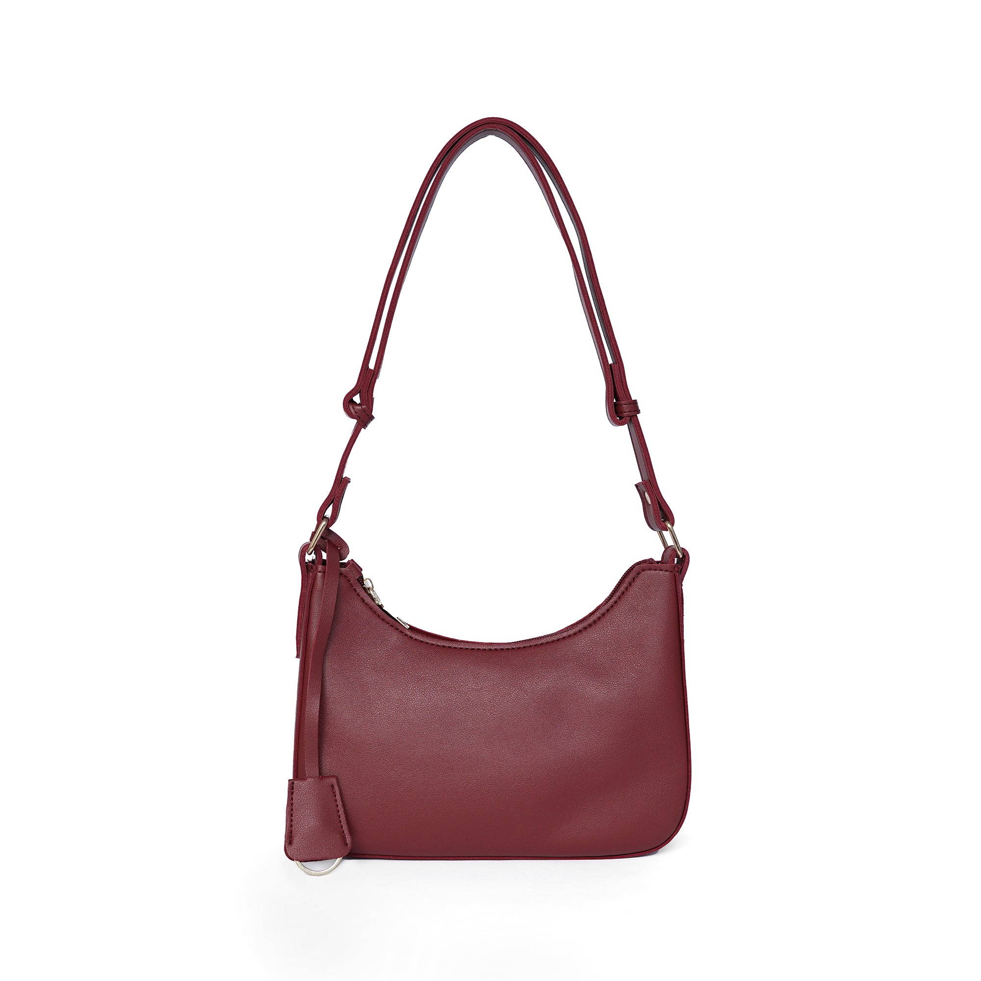 Maroon faux leather shoulder bag with adjustable strap