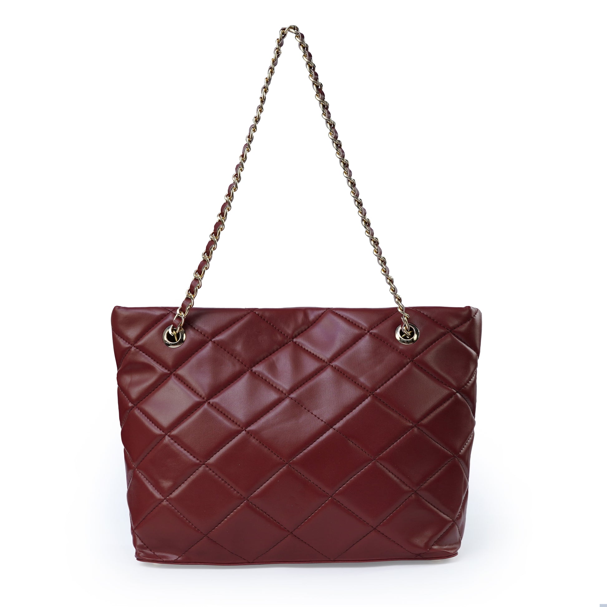 Maroon ladies chain shoulder bag with stitched design – BACK view