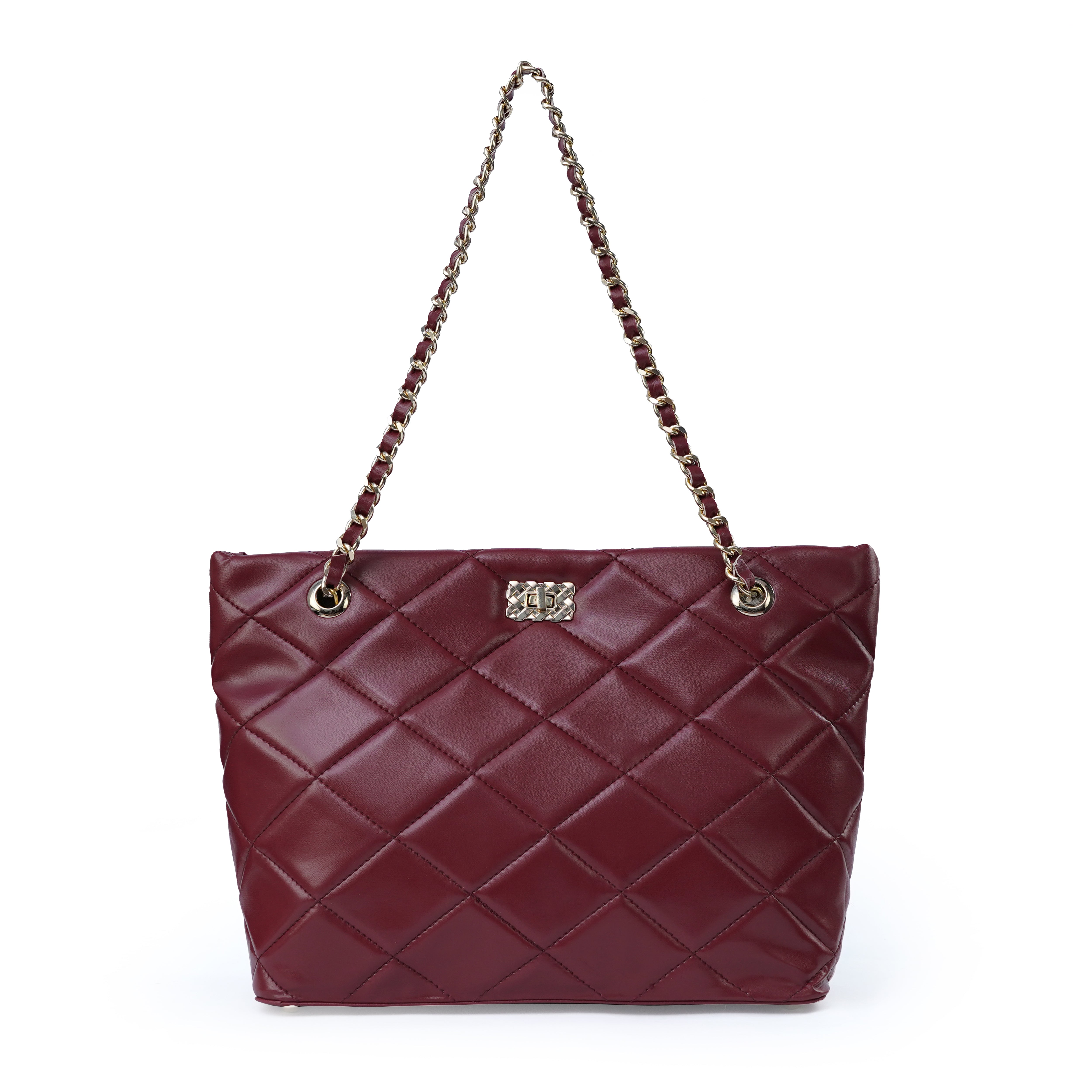 Maroon ladies chain shoulder bag with stitched design – front view