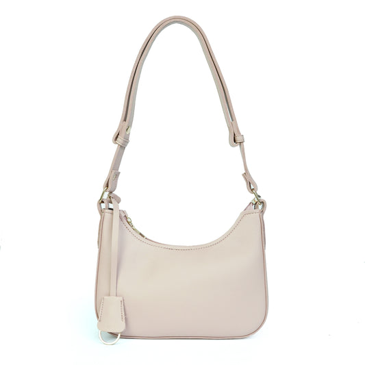 Pink faux leather shoulder bag with adjustable strap