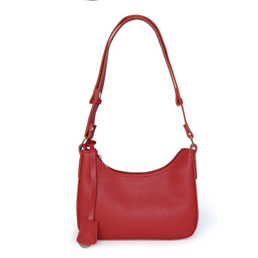 Red faux leather shoulder bag with adjustable strap