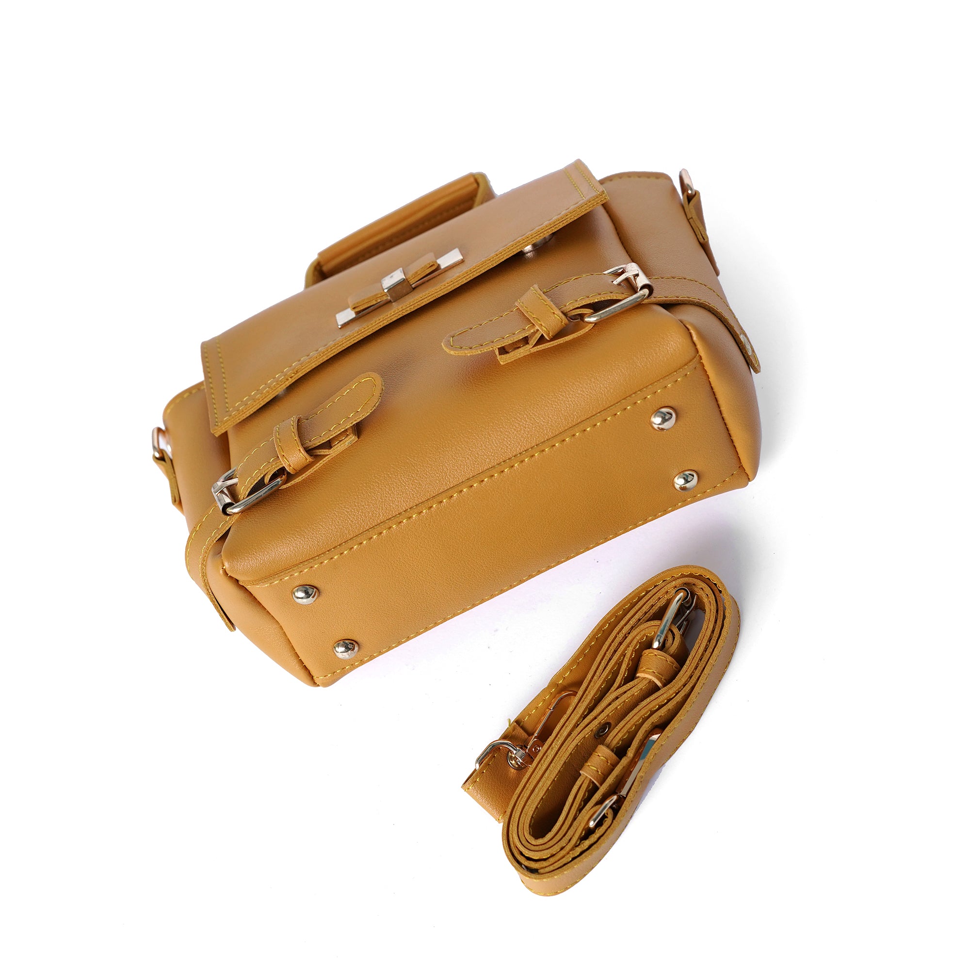 Yellow satchel – side view with long adjustable strap