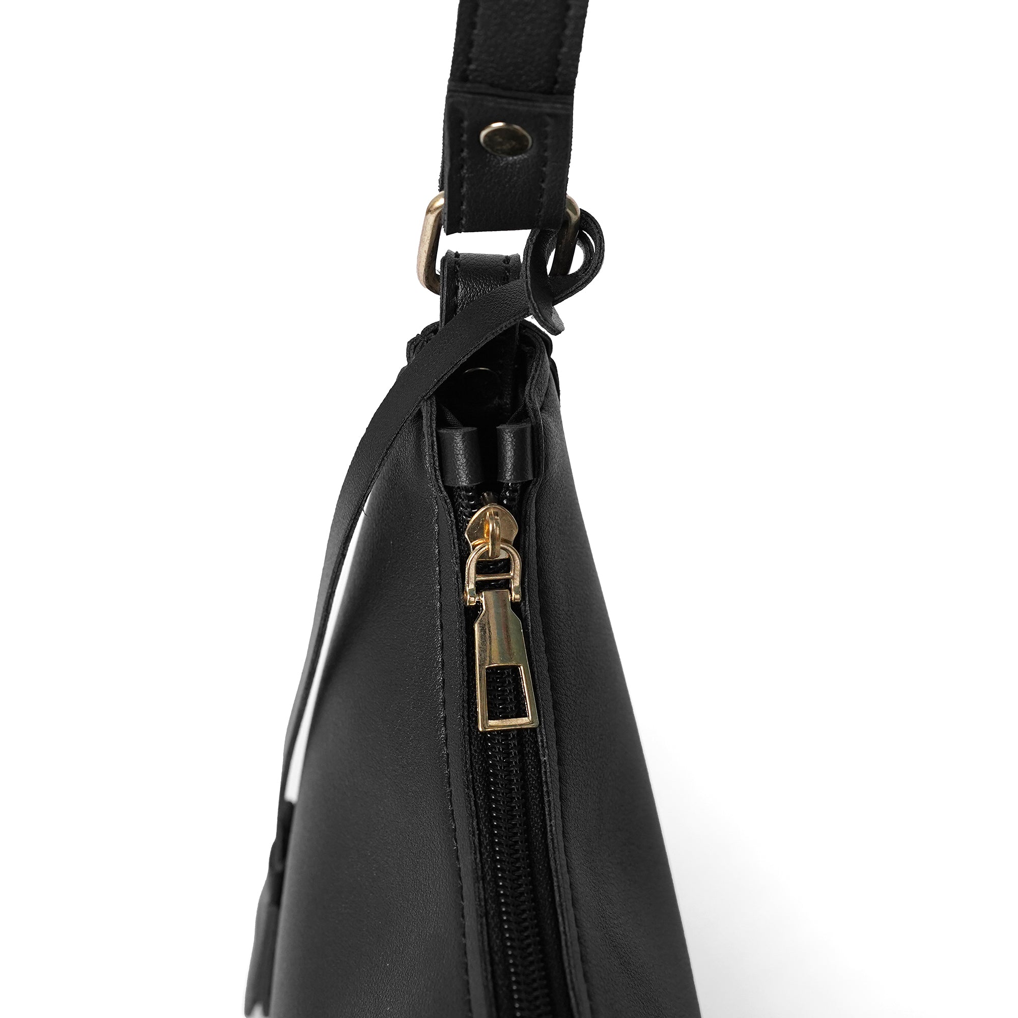 Zip closure on black faux leather shoulder bag