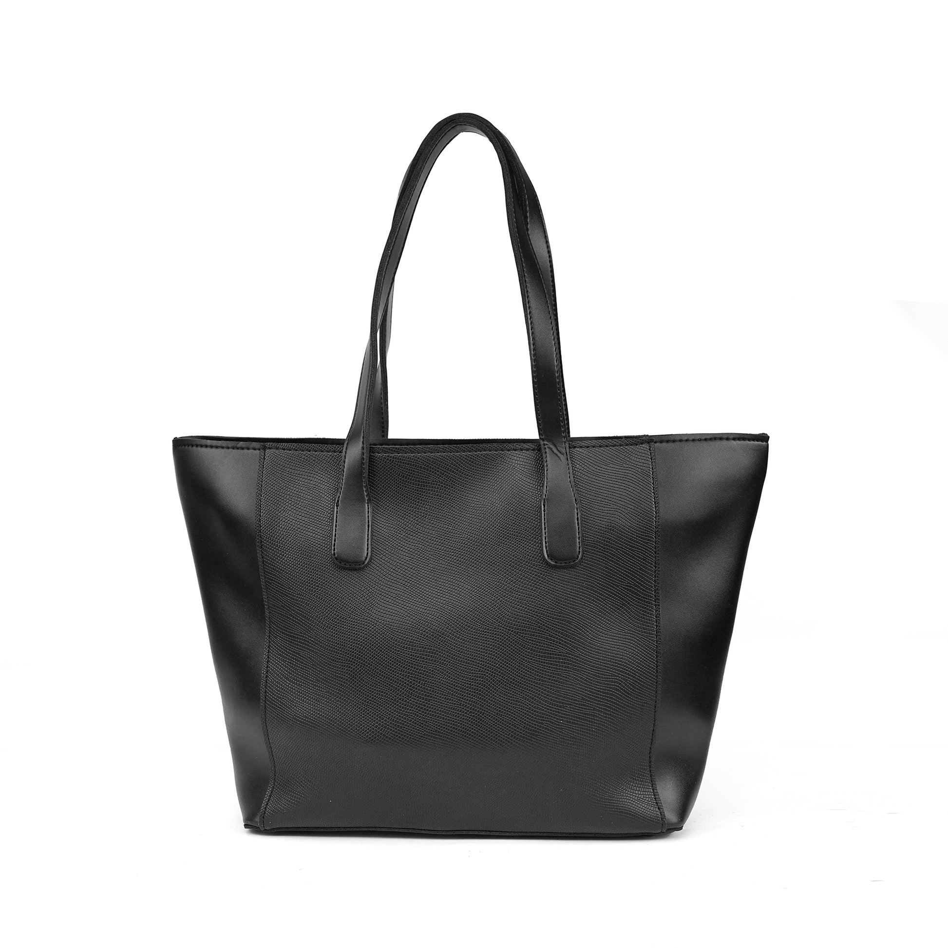 Back view of the Alizeh black structured tote, showing its clean silhouette and premium vegan leather