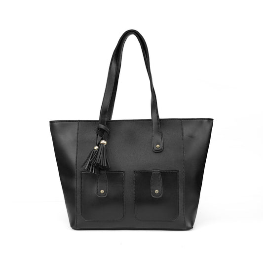 Front view of the Alizeh black structured tote bag for women, a timeless and elegant handbag in Pakistan
