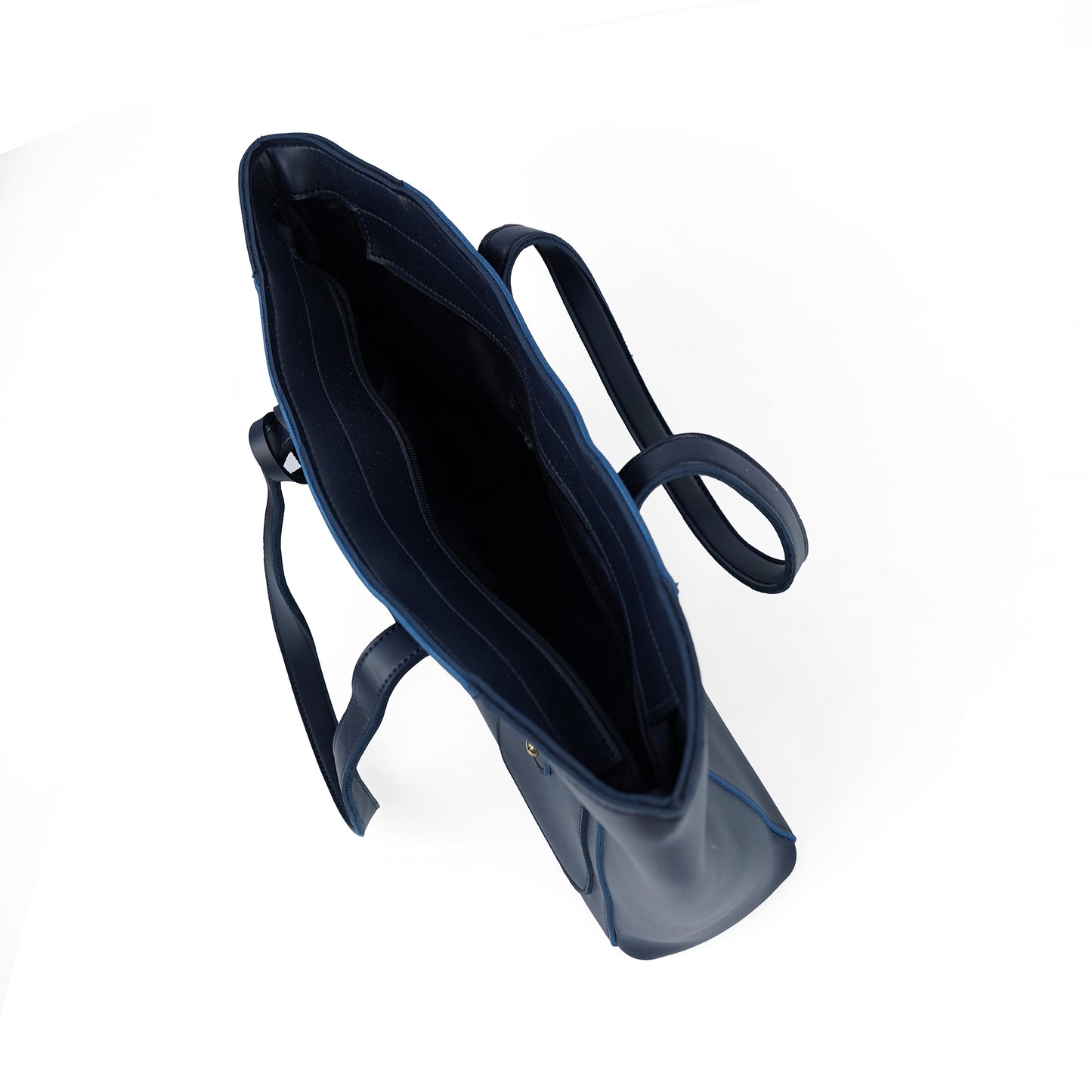Interior view of the Alizeh blue structured tote bag, showcasing its roomy interior and pockets