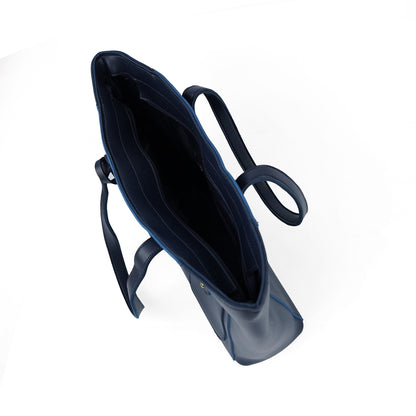 Interior view of the Alizeh blue structured tote bag, showcasing its roomy interior and pockets