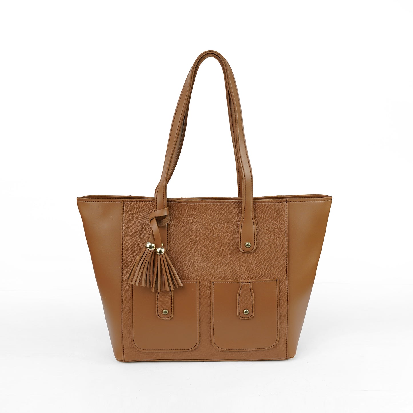 Front view of the Alizeh brown structured tote bag, featuring a tassel and front flap pockets, ideal for women in Pakistan