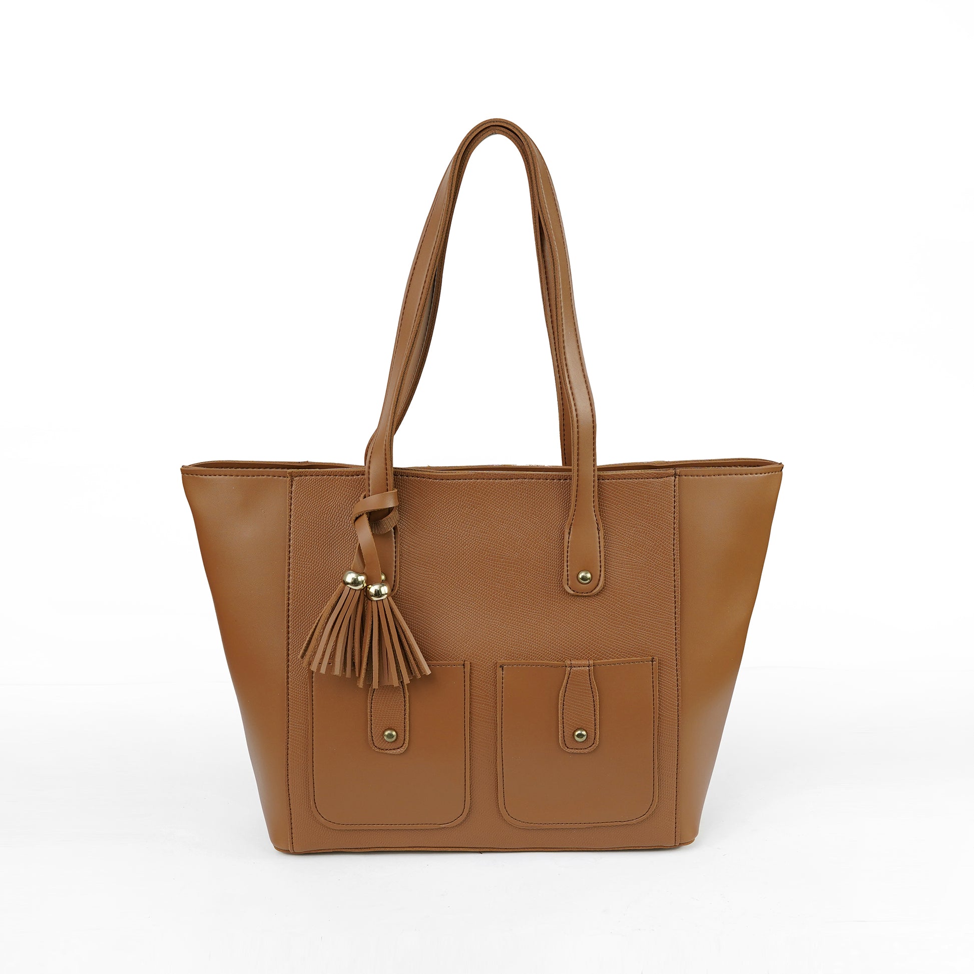 Front view of the Alizeh brown structured tote bag, featuring a tassel and front flap pockets, ideal for women in Pakistan
