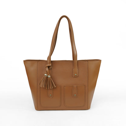 Front view of the Alizeh brown structured tote bag, featuring a tassel and front flap pockets, ideal for women in Pakistan