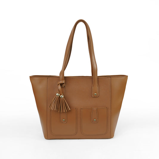 Front view of the Alizeh brown structured tote bag, featuring a tassel and front flap pockets, ideal for women in Pakistan