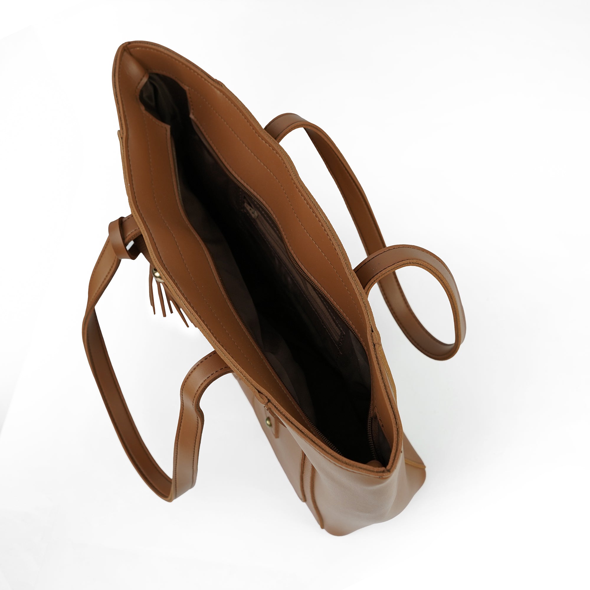 Interior view of the Alizeh brown structured tote bag, showcasing its spacious main compartment and internal zip pocket
