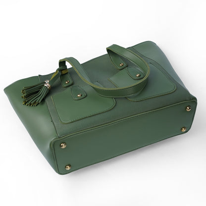 Angled view of the Alizeh green tote bag, highlighting the dual flap pockets and rich color