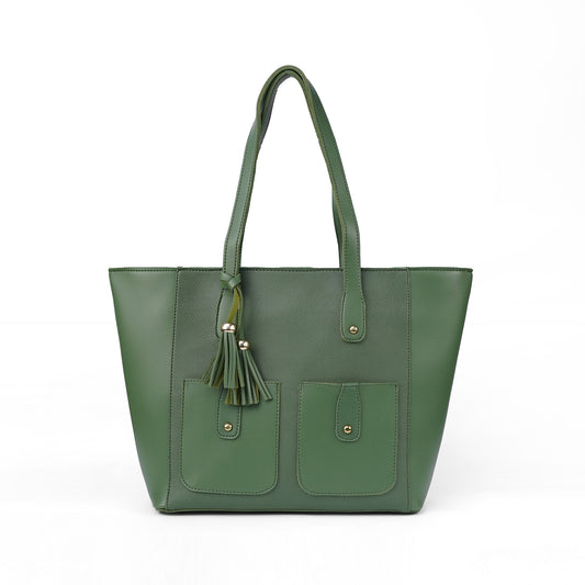 Front view of the Alizeh green structured tote bag, a bold and stylish handbag for women in Pakistan