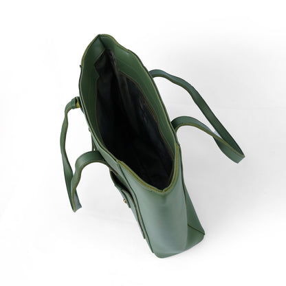 Interior view of the Alizeh green handbag, showcasing its spacious and organized interior