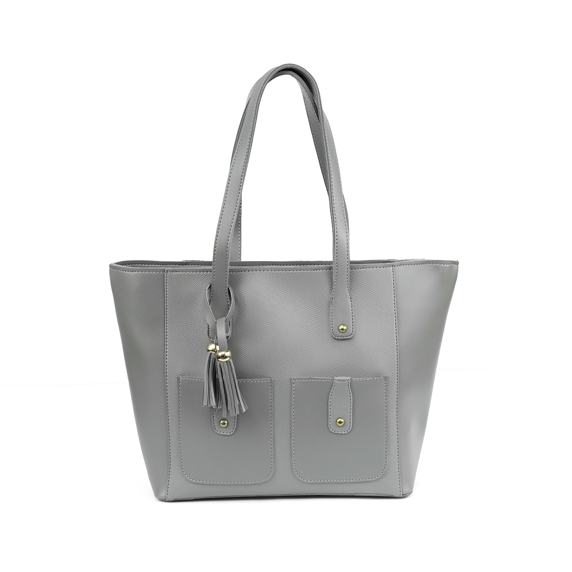 Front view of the Alizeh grey structured tote bag, a modern and minimalist handbag for women in Pakistan