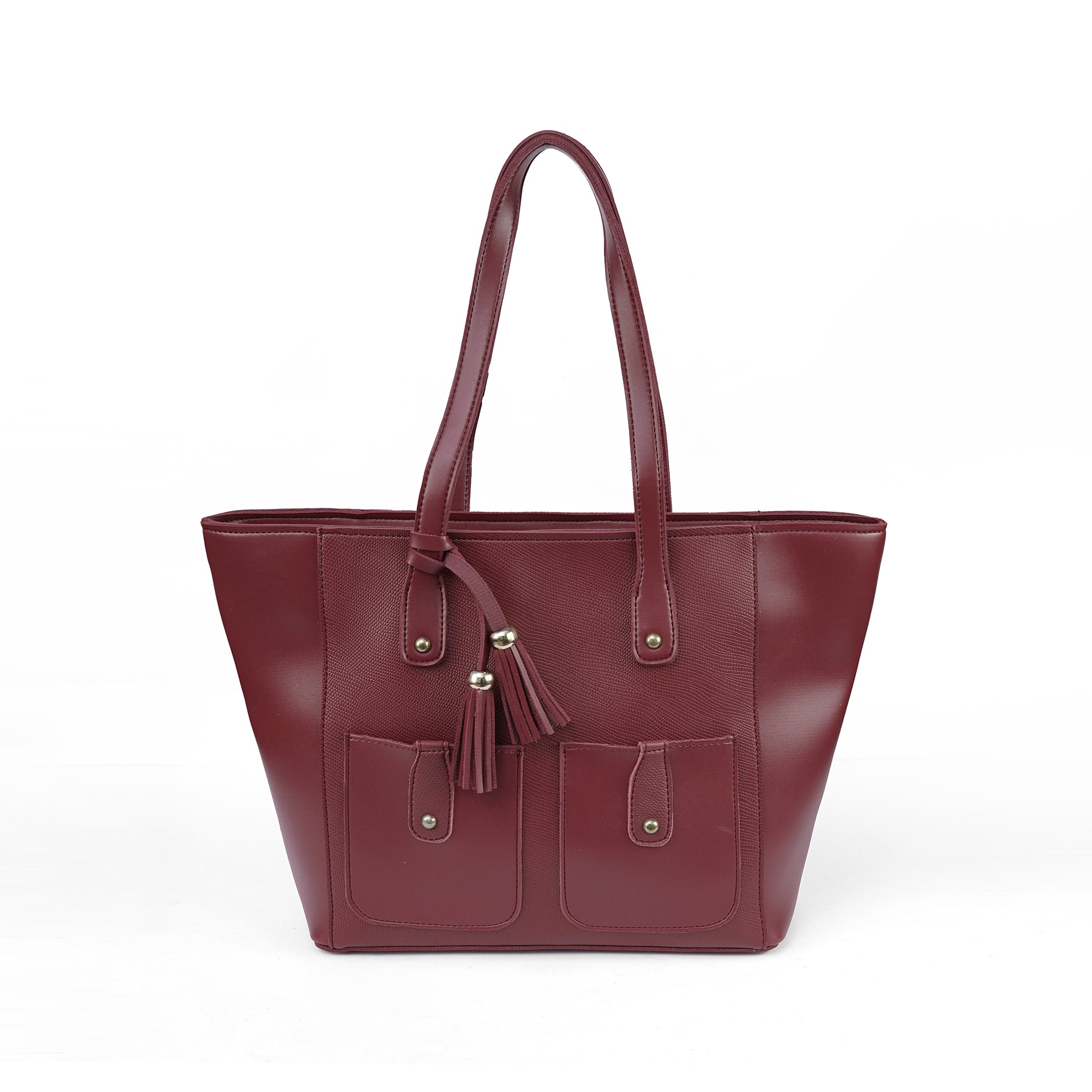 Front view of the Alizeh maroon structured tote bag, a confident and chic handbag for women in Pakistan