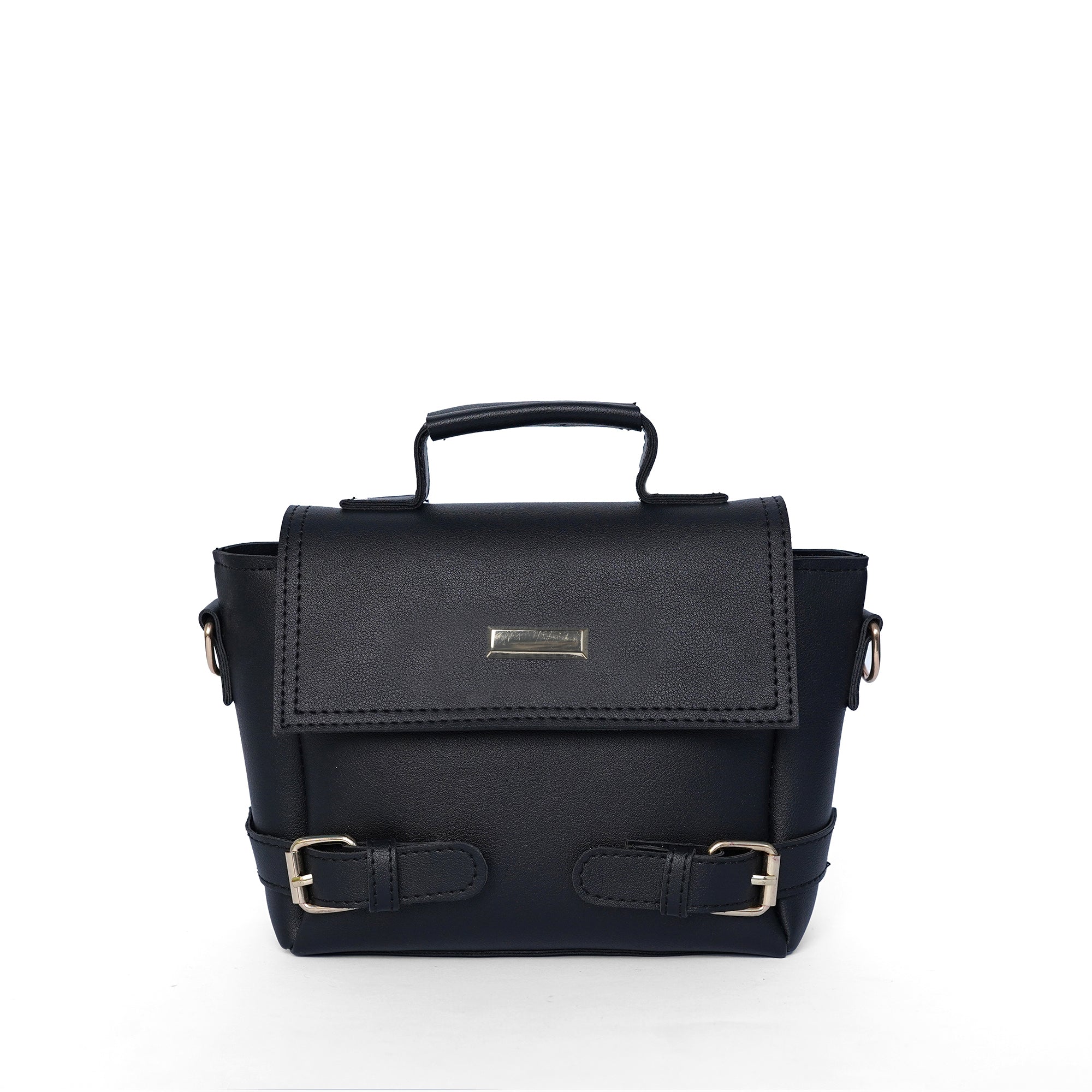 Black leather bag with silver buckles on a white background