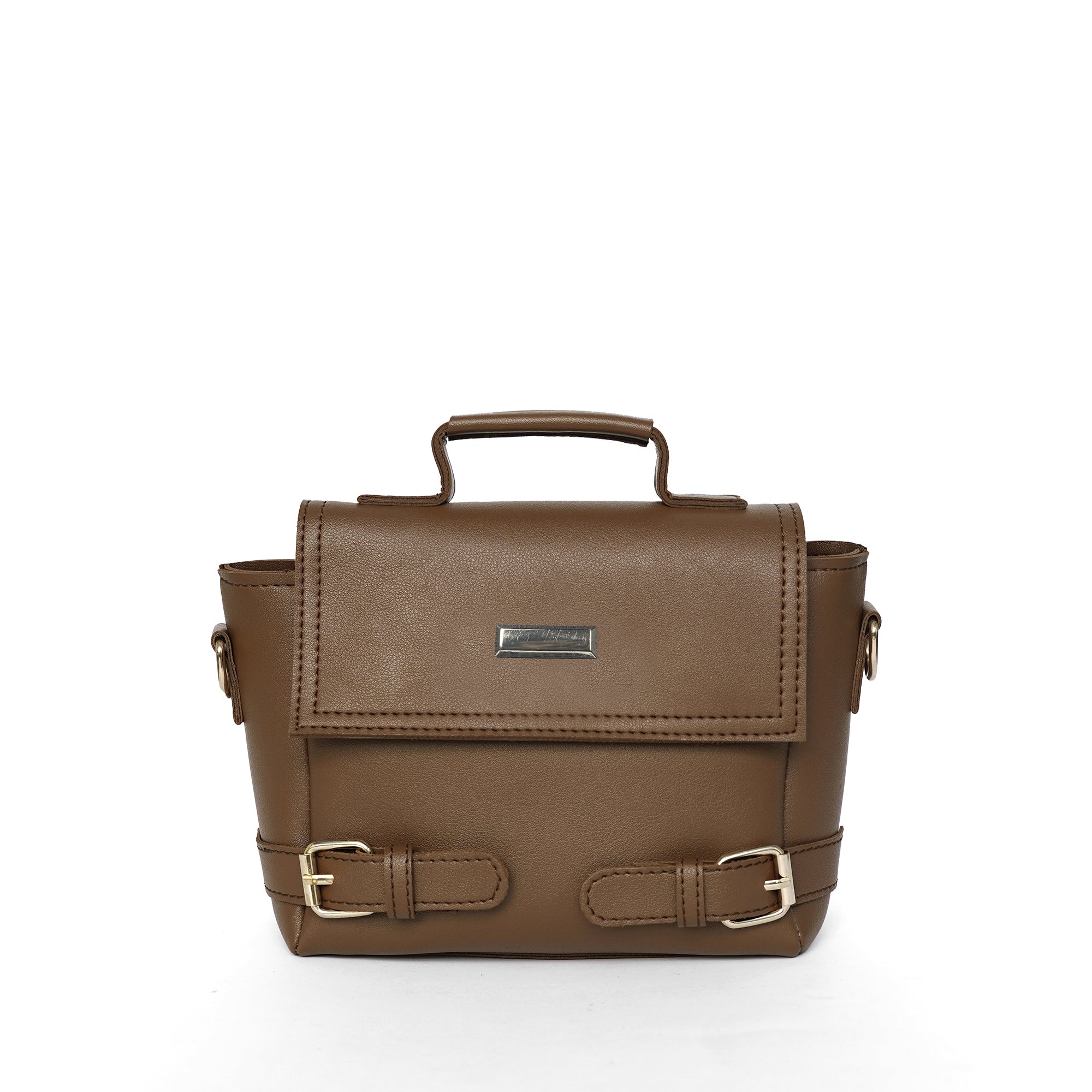 Brown leather bag with gold buckles on a white background
