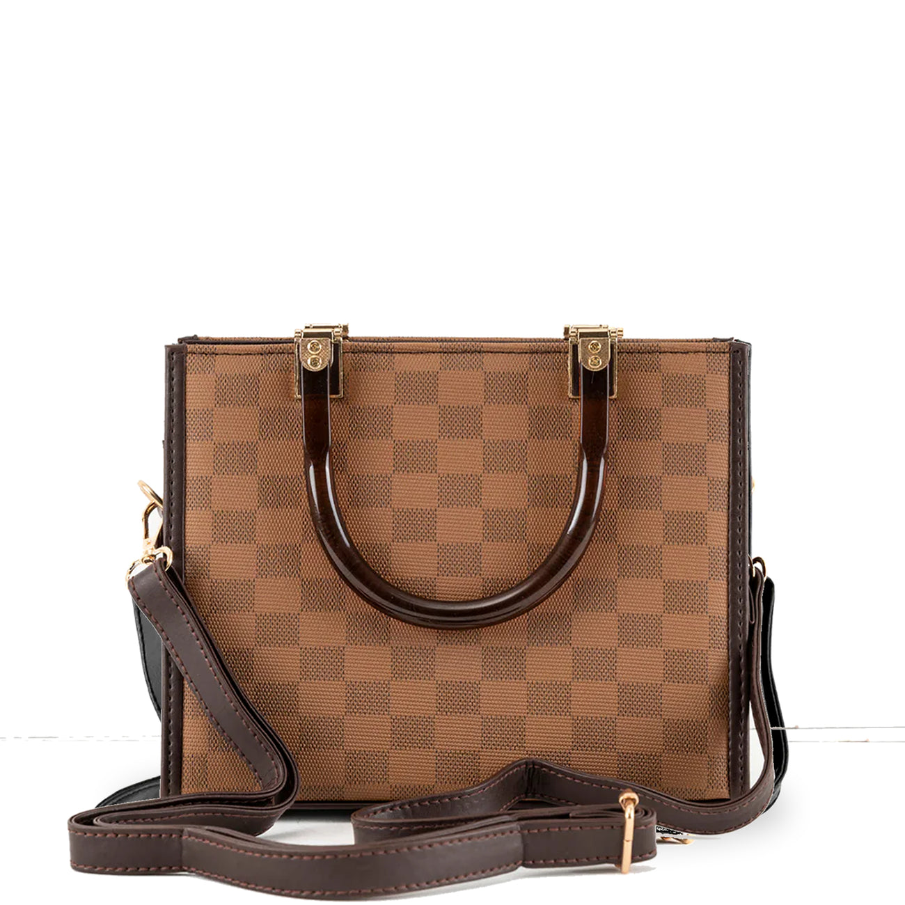 Checkered Tote Bag with Glossy Brown Handles - Bags online