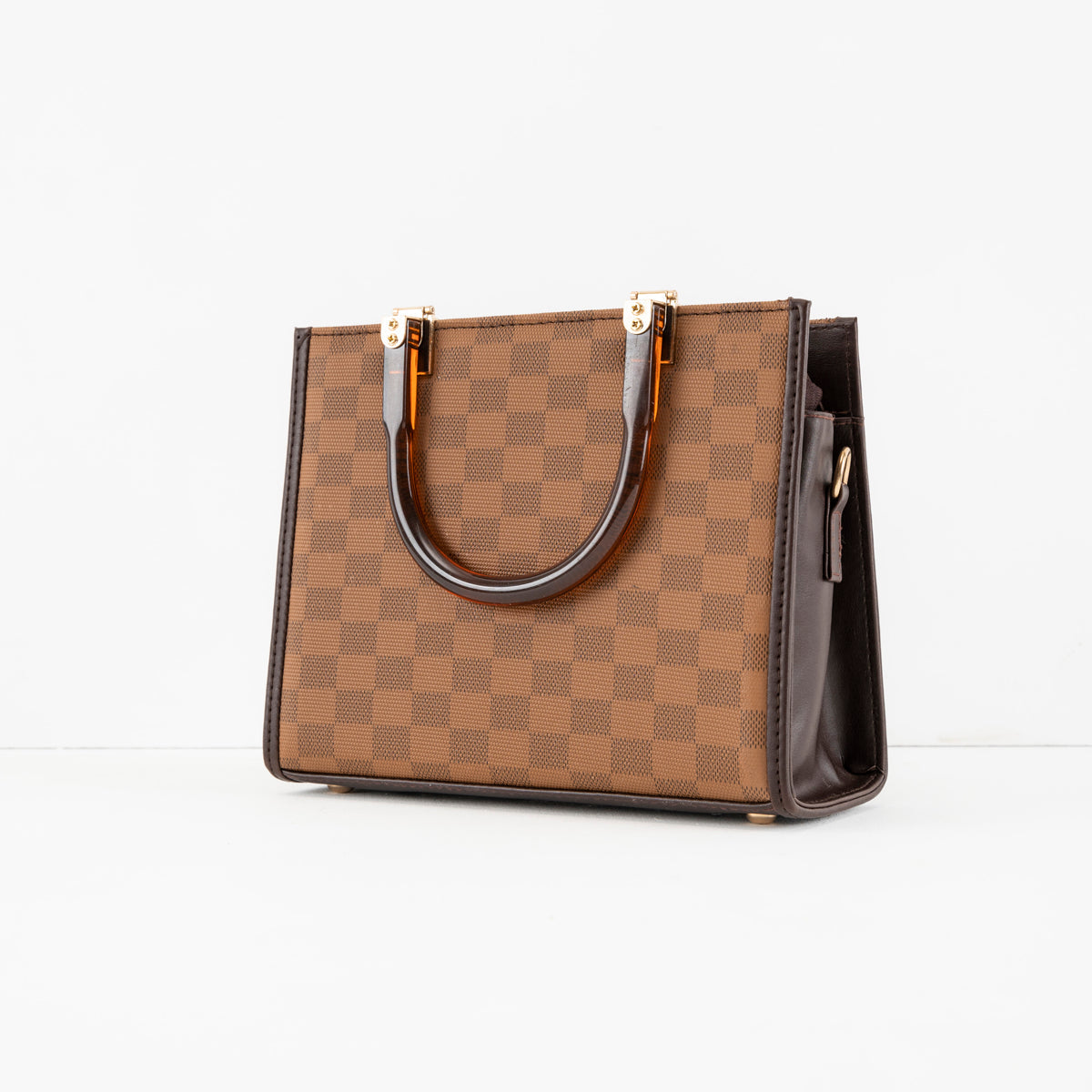 Checkered Tote Bag with Glossy Brown Handles - Bags online