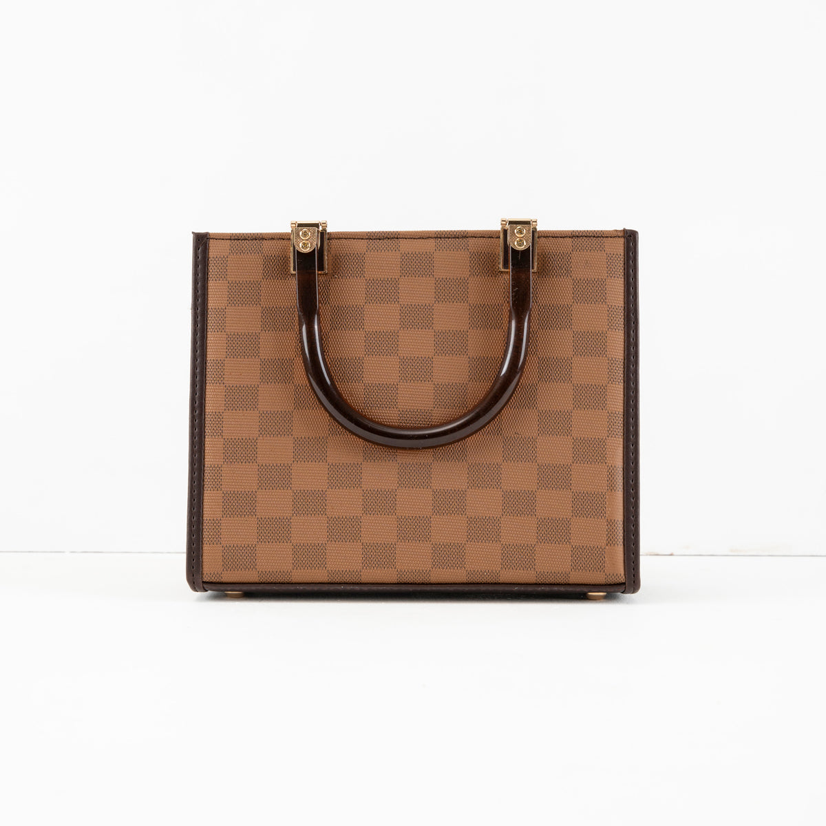 Checkered Tote Bag with Glossy Brown Handles - Bags online