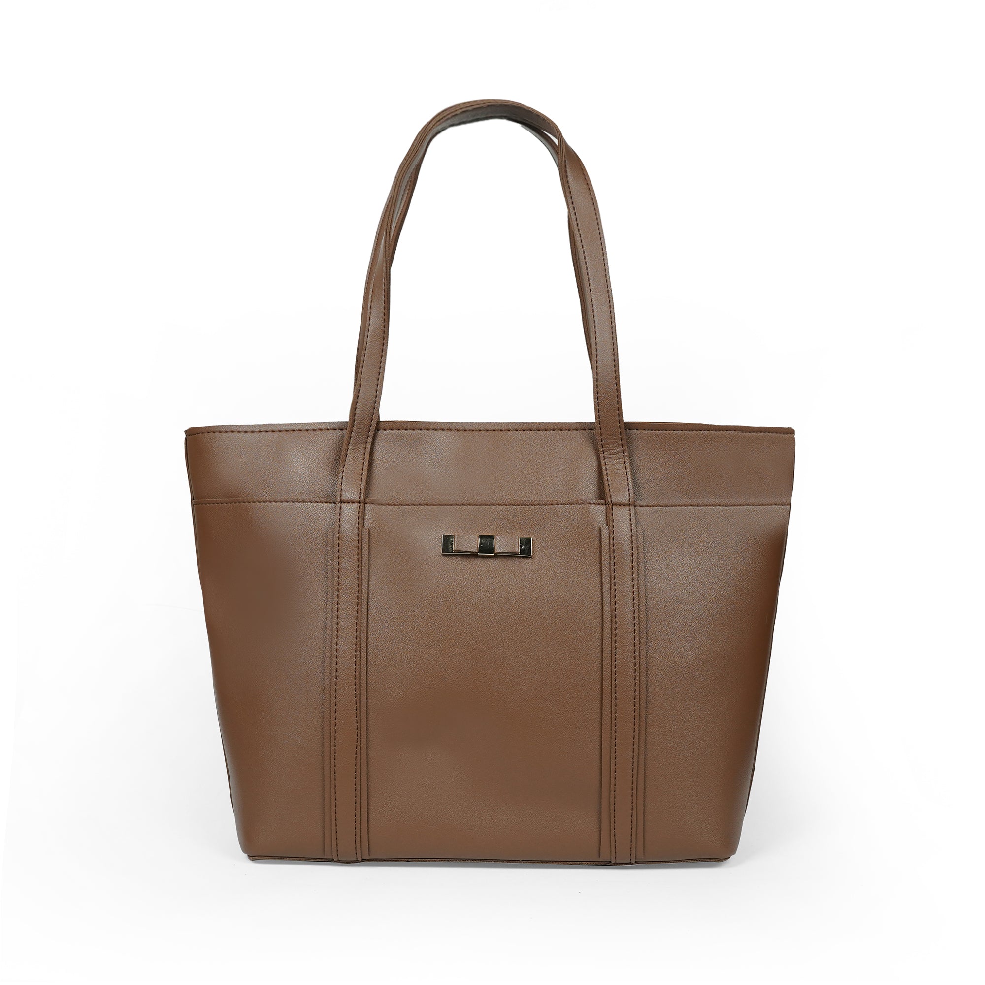Brown leather tote bag on a white background