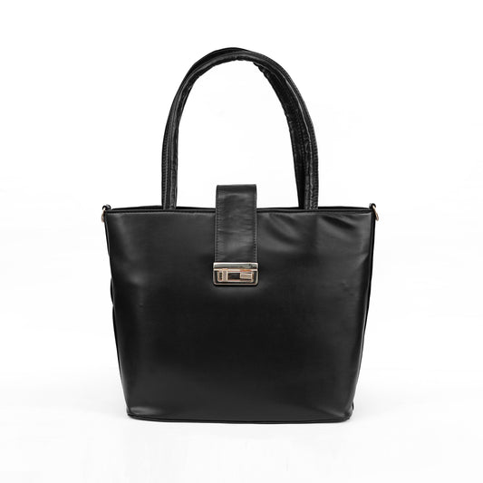 Front view of the Serena black tote bag, a classic vegan leather handbag for women in Pakistan.