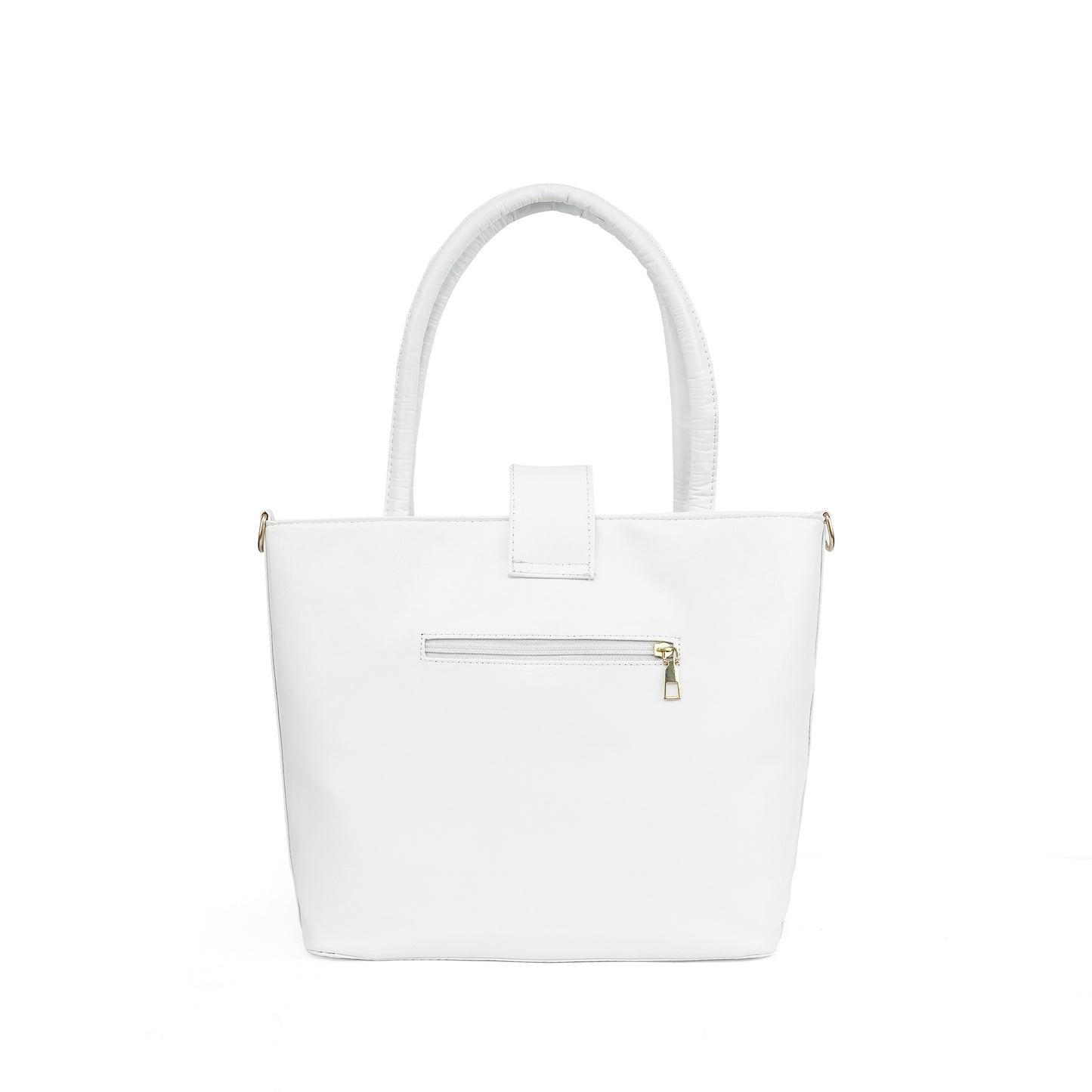 Back view of the Serena crisp white tote bag with its functional exterior pocket.