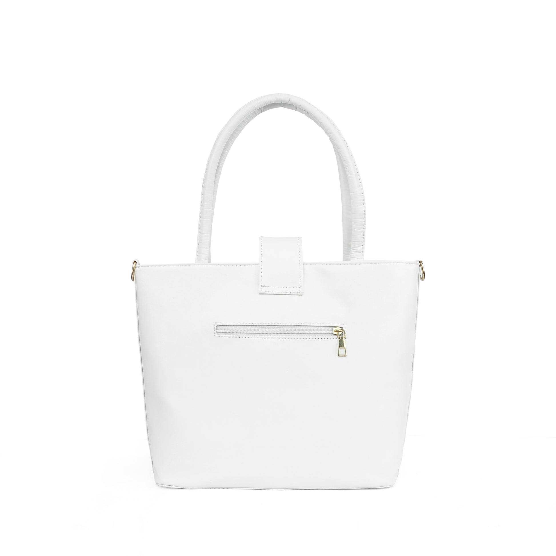 Back view of the Serena crisp white tote bag with its functional exterior pocket.