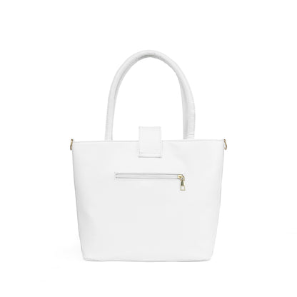 Back view of the Serena crisp white tote bag with its functional exterior pocket.