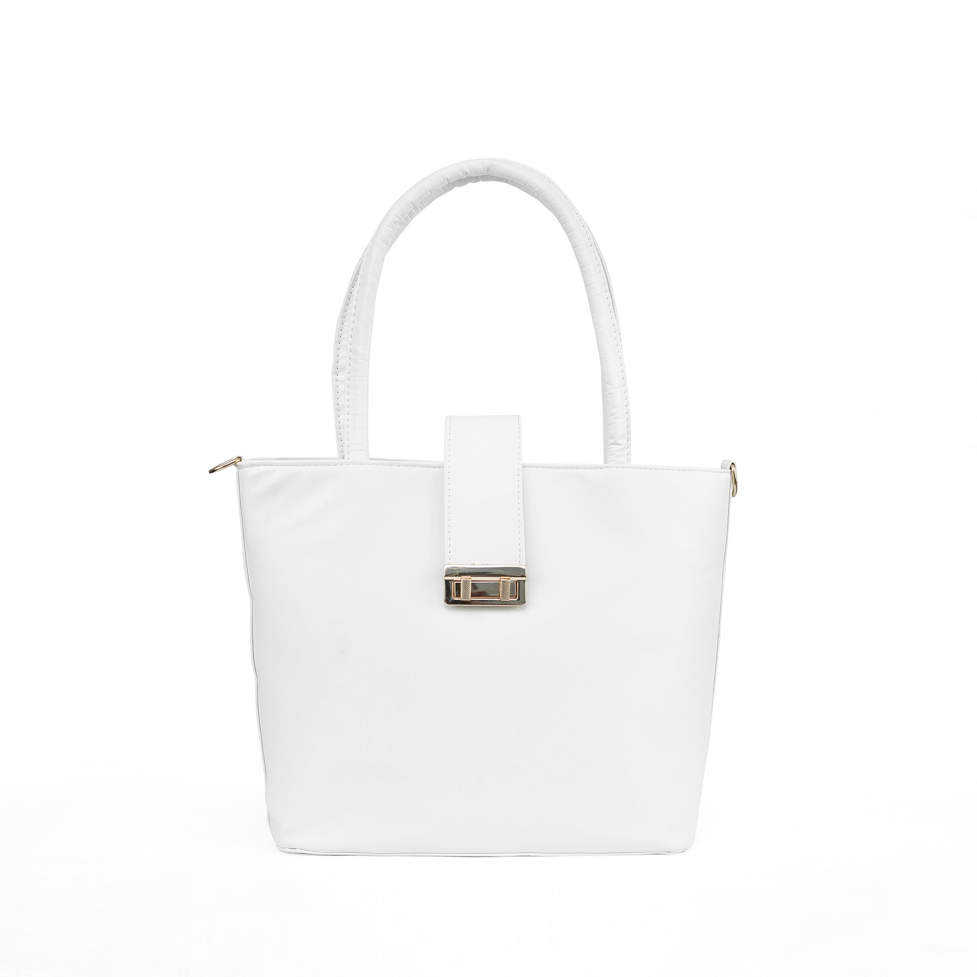 Front view of the Serena crisp white tote bag, a clean and elegant vegan leather handbag