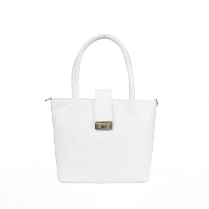 Front view of the Serena crisp white tote bag, a clean and elegant vegan leather handbag