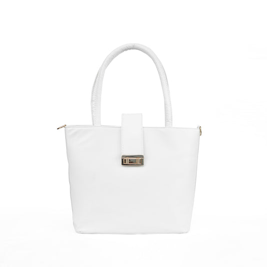 Front view of the Serena crisp white tote bag, a clean and elegant vegan leather handbag