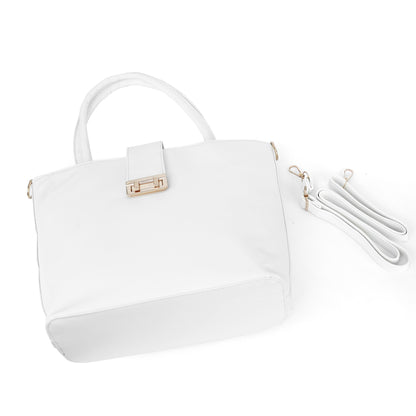 Side view of the Serena crisp white tote bag showing its structured and elegant design
