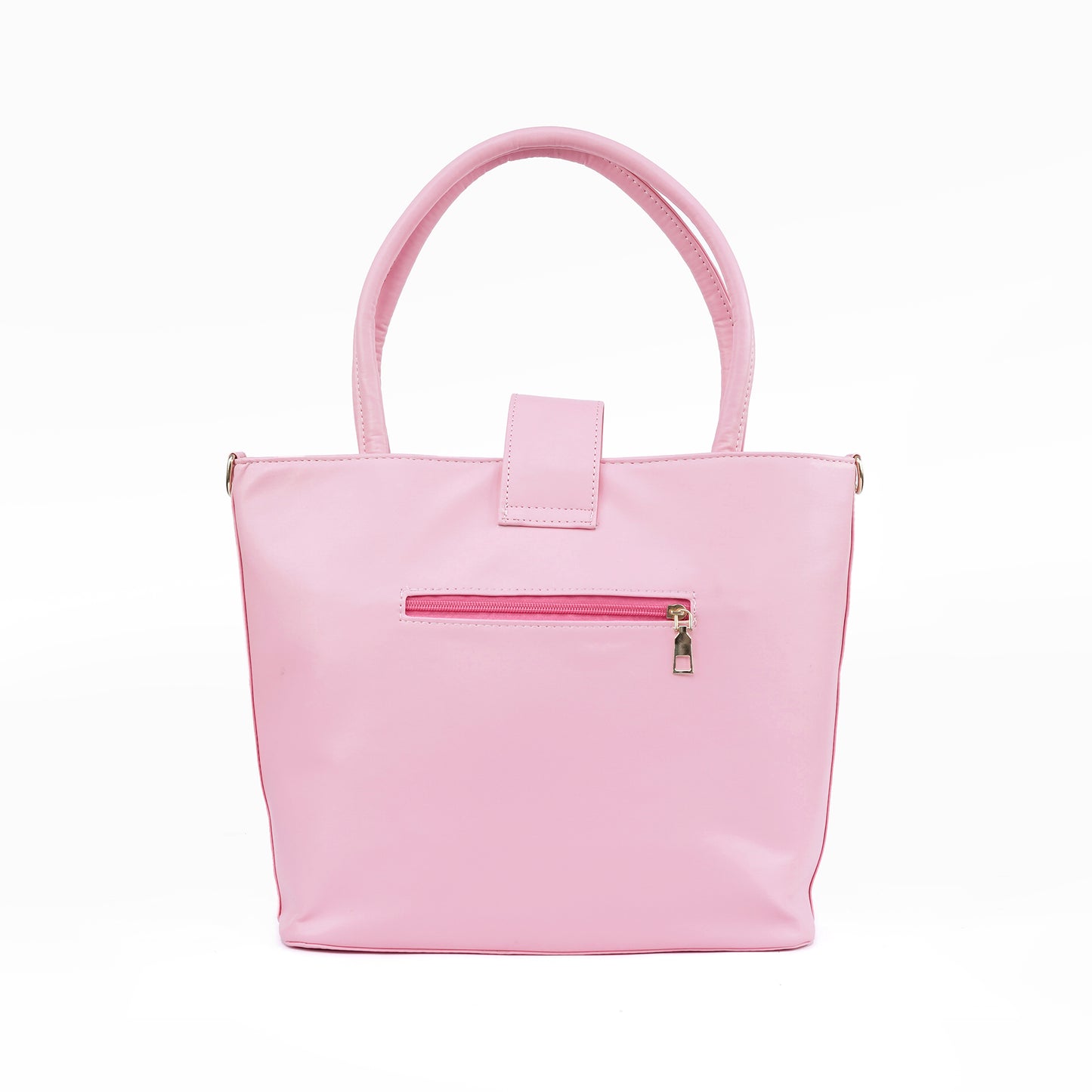 Back view of the Serena pastel pink bag with its convenient exterior pocket.