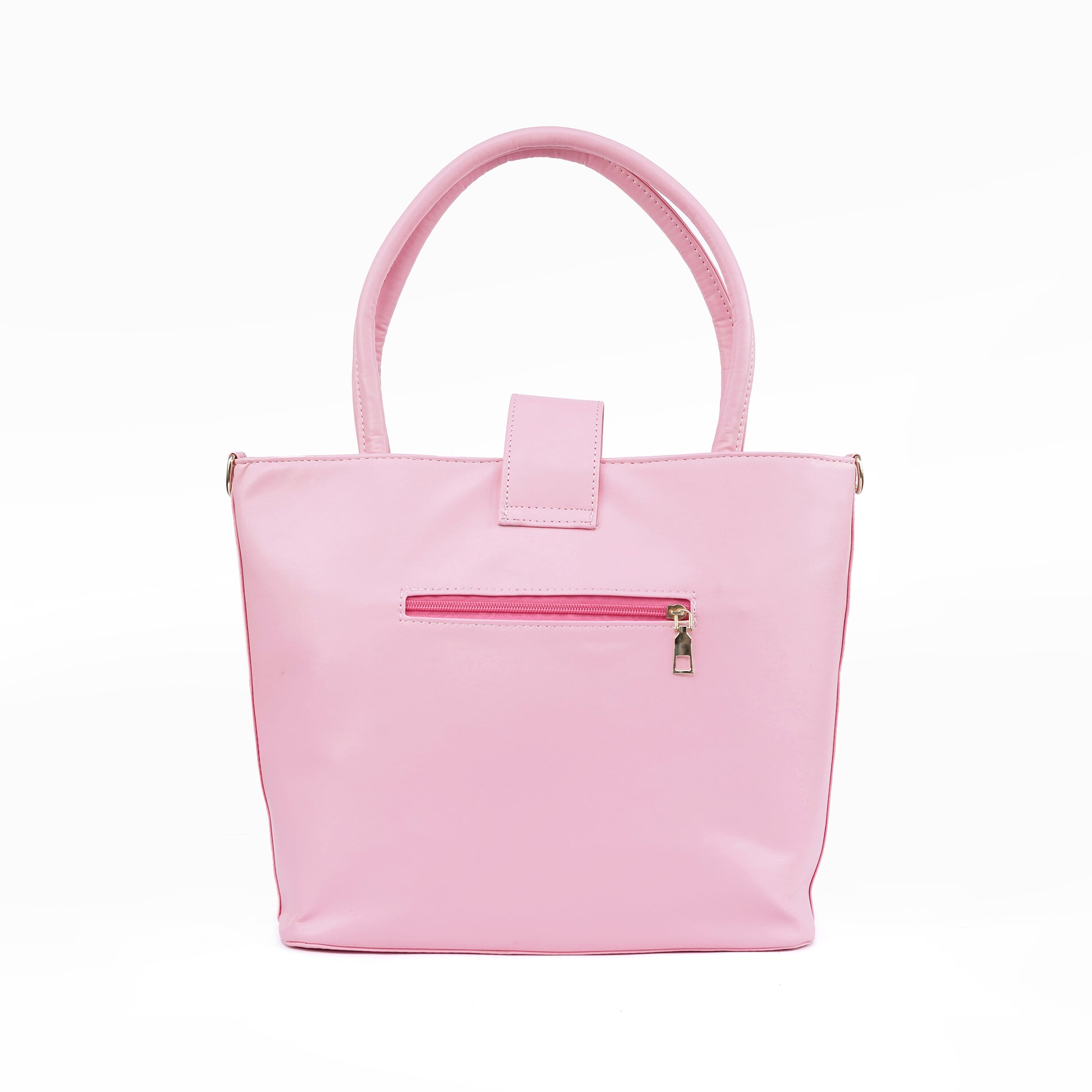 Back view of the Serena pastel pink bag with its convenient exterior pocket.