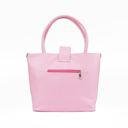 Back view of the Serena pastel pink bag with its convenient exterior pocket.
