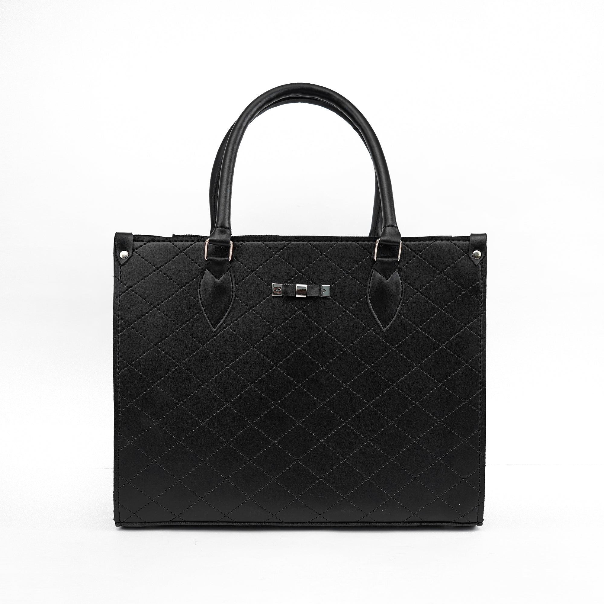 1.	Black diamond pattern ladies handbag with golden hardware front view